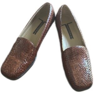 Trotters Brown Leather Flats with Woven Texture